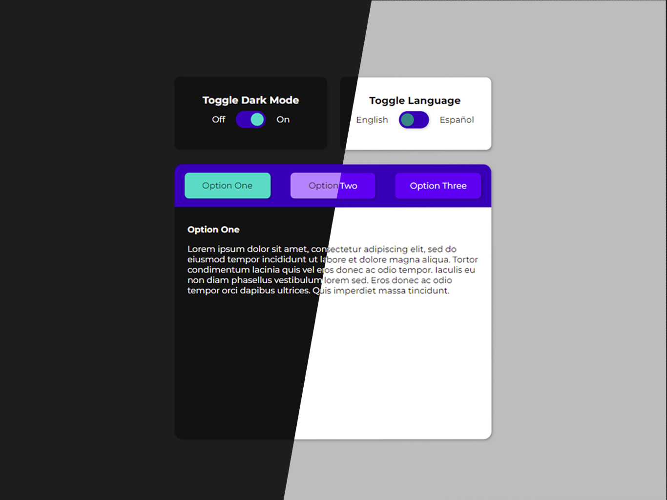 Display of web page for a Tab Selection Application that incorporates two toggle switches; one to toggle light mode and dark mode, the other to toggle language from English to Spanish.