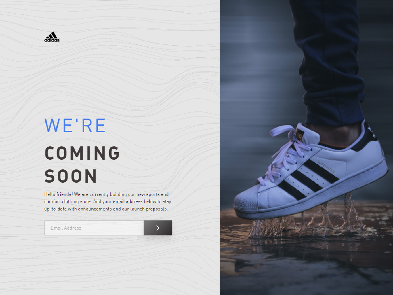 A webpage display for an upcoming Adidas store; there is a picture of a foot showcasing adidas shoes running through the rain.
